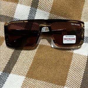 True Religion Brown Tortoise Rectangular Sunglasses with Dark Brown Lenses